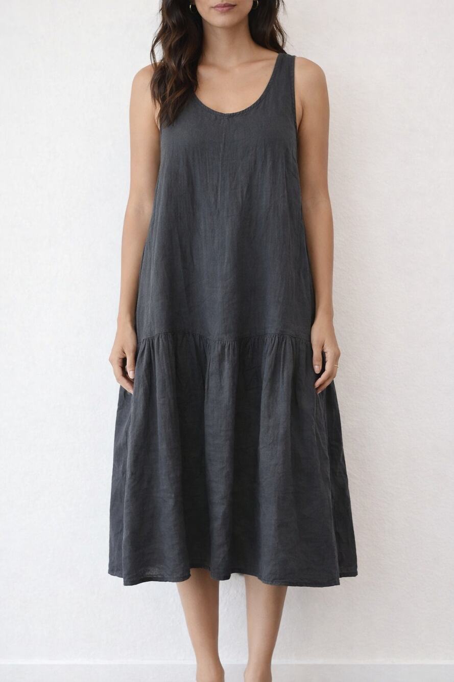 Tempo Paris Sleeveless Linen Boho Midi Dress Gray Small / Medium